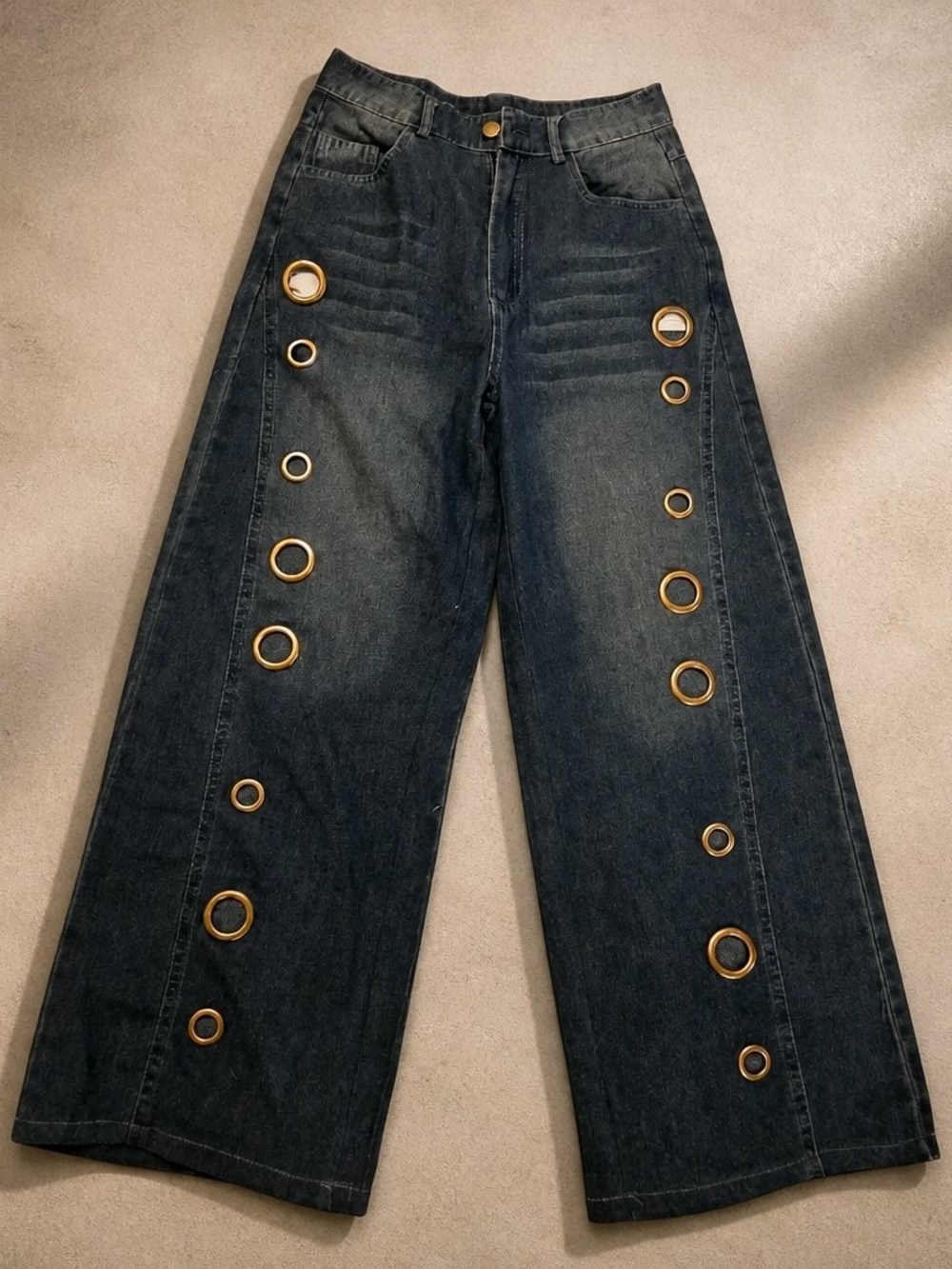 High-Rise Black Wide-Leg Jeans with Gold Ring Accents
